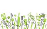 Fototapeta  - Cooking Pattern. Background with Utensils and Vegetables for your design works. Vector illustration.