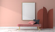 © Zoeland - Interior mockup with blank golden frame on a pink wall, velvet bench and art deco folding screen