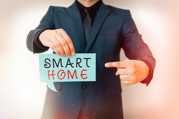 Poster - handwriting text smart home. conceptual photo equipped home can be controlled remotely by phone or c