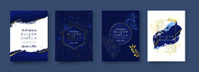Indigo Blue Set Card Wedding Invitation, Floral Invite Thank You, Rsvp Modern Card Design In Golden Flower With Leaf Greenery Branches Decorative Vector Elegant Rustic Template