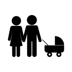 Mother and father with baby stroller silhouette style icon design, Family relationship and generation theme Vector illustration