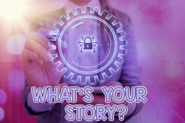 Fototapete - Writing note showing What S Your Story Question. Business concept for Share or tell us your life experiences and success Graphics padlock for web data information security application system