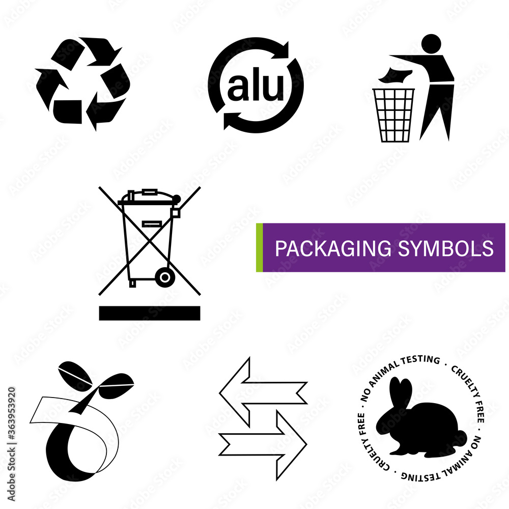 Symbole znaki na opakowanie ekologia biodegradowalny segregacja kosz strzałki aluminium - obrazy, fototapety, plakaty 