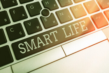 Poster - writing note showing smart life. business concept for technology that works to make living enjoyable