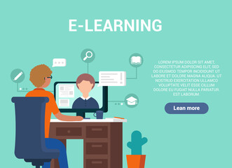 Wall Mural - Modern vector concept of online learning on a green background. A man sits at a computer and study through video calling. Minimalist style. Digital illustration for sites and mobile applications.