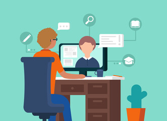Wall Mural - Modern vector concept of online learning on a green background. A man sits at a computer and study through video calling. Minimalist style. Digital illustration for sites and mobile applications.