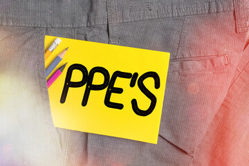 Poster - Writing note showing Ppe s is. Business concept for Specialized equipment for protection against health and safety hazard Writing equipment and yellow note paper inside pocket of man trousers