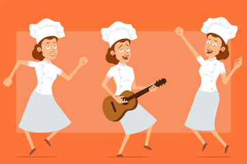 Wall Mural - Cartoon flat funny chef cook woman character in white uniform and baker hat. Girl jumping, dancing and playing rock on guitar. Ready for animation. Isolated on orange background. Vector set.