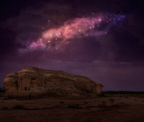 Wall Mural - Mada'in Saleh archaeological site with starry night sky, near Al Ula, Saudi Arabia