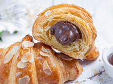 Yummy Freshly Croissant, Sliced Almonds, With Chocolate Filling Cut, Close Up