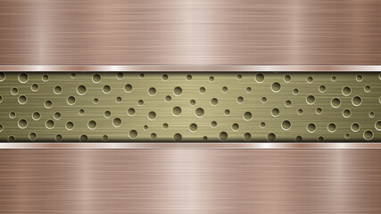 Background of golden perforated metallic surface with holes and two horizontal bronze polished plates with a metal texture, glares and shiny edges