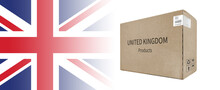 3D Illustration Of A Paper Box And Flag. Background Describing British Goods. Product Of United Kingdom.