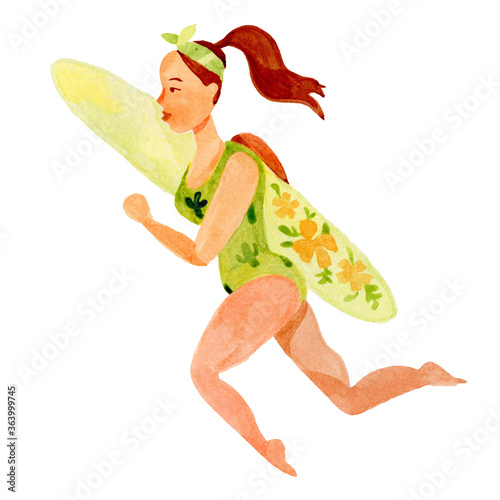 Cuadros en Lienzo Girl surfs cartoon character watercolor by hand