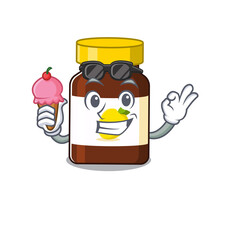 Poster - A cartoon drawing of bottle vitamin c holding cone ice cream