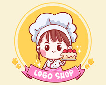 Cute Bakery Chef Girl Smiling Cartoon Art Holding Cake Strawberry Illustration Logo. Premium Vector