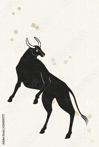 丑年の年賀素材 後ろ足で立つ黒い雄牛 和紙金銀箔散らしの背景 Stock Illustration Adobe Stock