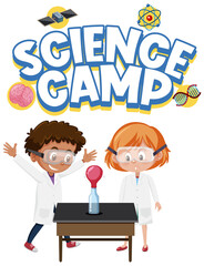 Wall Mural - Science camp logo and two kids wearing scientist costume isolated