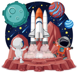Wall Mural - Space theme with astronauts and spaceship isolated on white backgroud