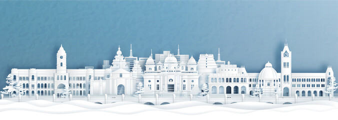 Fototapete - Panorama view of Chennai skyline with world famous landmarks of India in paper cut style vector illustration.