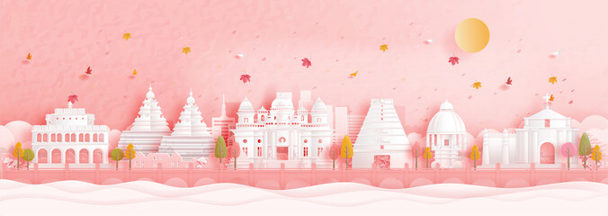 Fototapete - Autumn in Chennai, India with falling leaves and world famous landmarks in paper cut style vector illustration