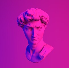 Aufkleber - 3D rendering of Michelangelo's David head in neon lightning. Classical sculpture in vaporwave retrofuturistic style.