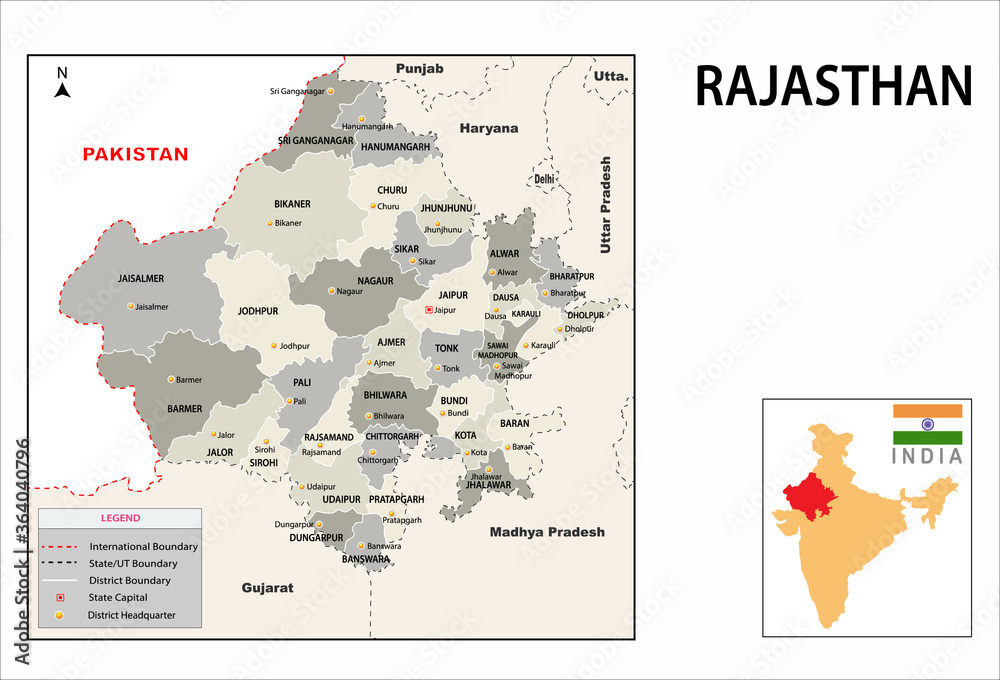 Rajasthan map. Political and administrative map of Rajasthan with ...
