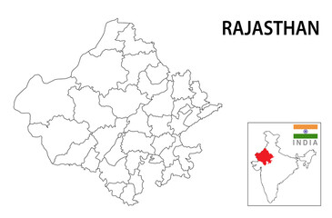 Sticker - Rajasthan map. Political and administrative map of Rajasthan with districts name. Showing International and State boundary and district boundary of Rajasthan. Vector illustration of districts map.