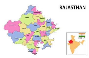 Poster - Rajasthan map. Political and administrative map of Rajasthan with districts name. Showing International and State boundary and district boundary of Rajasthan. Vector illustration of districts map.