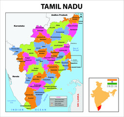 Poster - Tamil Nadu map. Political and administrative map of Tamil Nadu with districts name. Showing International and State boundary and district boundary of Tamil Nadu. Vector illustration of districts map.