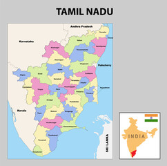 Tamil nadu map. District ways map of tamil nadu with name. Vector illustration of Tamilnadu geographical map. New and original design with showing border line and name.