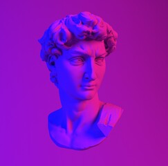 Aufkleber - 3D rendering of Michelangelo's David head in neon lightning. Classical sculpture in vaporwave retrofuturistic style.