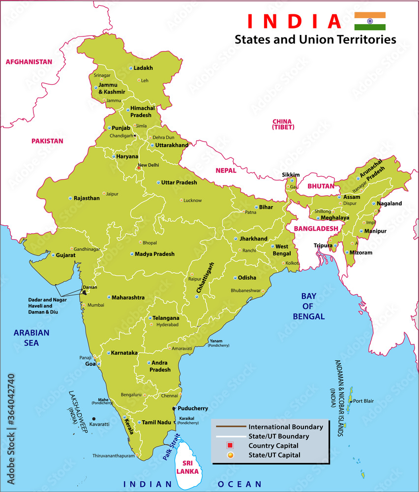 India map. Political Map of India. States and union territories along ...