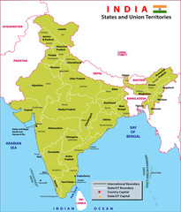 Poster - India map. Political Map of India. States and union territories along with their capital cities of India. Map with Regions Colored Vector Illustration.  India states and capital new division 2020.