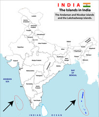 Poster - Islands in India map. Political Map of India. Black and white Outline map vector. Detailed India Map on white Background with states and union territories in India.