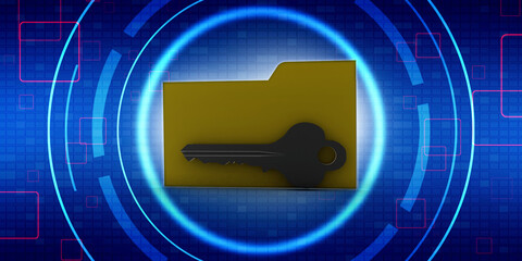 Poster - Key on locked yellow folder. 3D illustration
