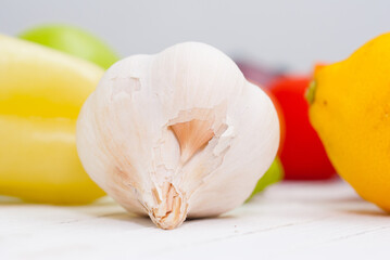 Wall Mural - fruits and vegetables on white wood table