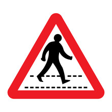 Pedestrian Crossing Traffic Sign. Vector Illustration Of Red Triangular Warning Road Sign About Pedestrian Crossing Ahead. Warning About Possibility Of People Appearing On Road.