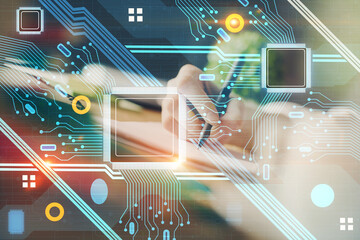 Double exposure of hands making notes background with technology and digital coding huds. Data learning concept.