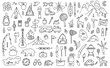Set of outline camping theme elements. Symbols of tourism and outdoor activities in doodle style. Vector illustration. Hand-drawn travel elements.