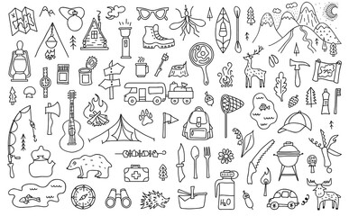 Set of outline camping theme elements. Symbols of tourism and outdoor activities in doodle style. Vector illustration. Hand-drawn travel elements.