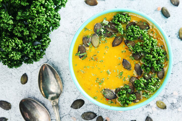 A bowl with home-made pumpkin soup