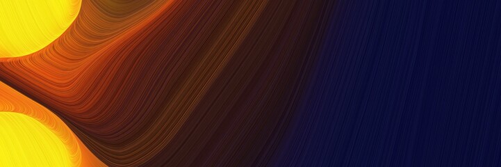 Poster - abstract moving horizontal header with golden rod, very dark blue and chocolate colors. fluid curved lines with dynamic flowing waves and curves for poster or canvas