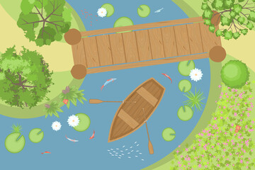 Wall Mural - River with a wooden bridge and a boat in the park. Top view.