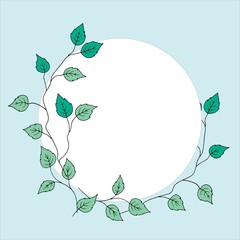 Fototapete - Branches with leaves are located in a semicircle along the edge of a white spot in the middle of the frame. Background gently blue. Leafs are drawn in black contour and painted in green.