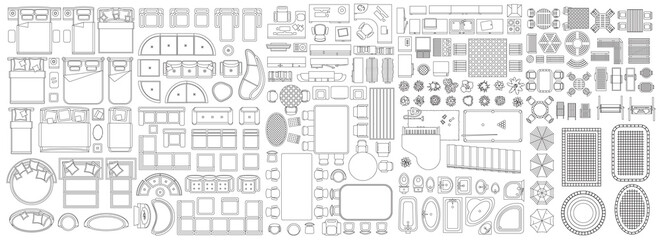 Set of linear icons. Interior top view. Isolated Vector Illustration. Furniture and elements for living room, bedroom, kitchen, bathroom. Floor plan (view from above). Furniture store.
