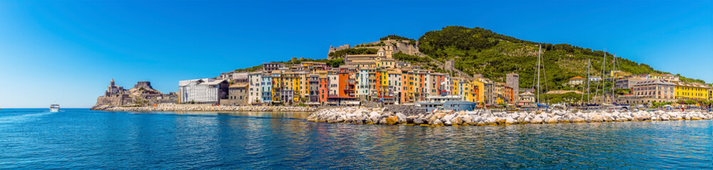 Wall Mural - A panorama view across the harbour and town of Porto Venere, Italy in the summertime