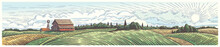 Rural Landscape, Panoramic Format With A Farm With And Agricultural Fields Around.