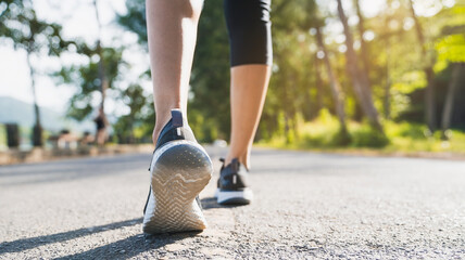 Wall Mural - Runner feet running on road closeup on shoe. Woman fitness sunrise jog workout wellness concept. Young fitness woman runner athlete running at road
