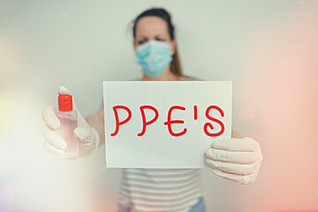 Poster - Text sign showing Ppe s is. Business photo showcasing Specialized equipment for protection against health and safety hazard Promoting health awareness with set of medical precautionary equipment