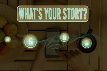 Fototapete - Writing note showing What S Your Story Question. Business concept for Share or tell us your life experiences and success Graphics padlock for web data information security application system